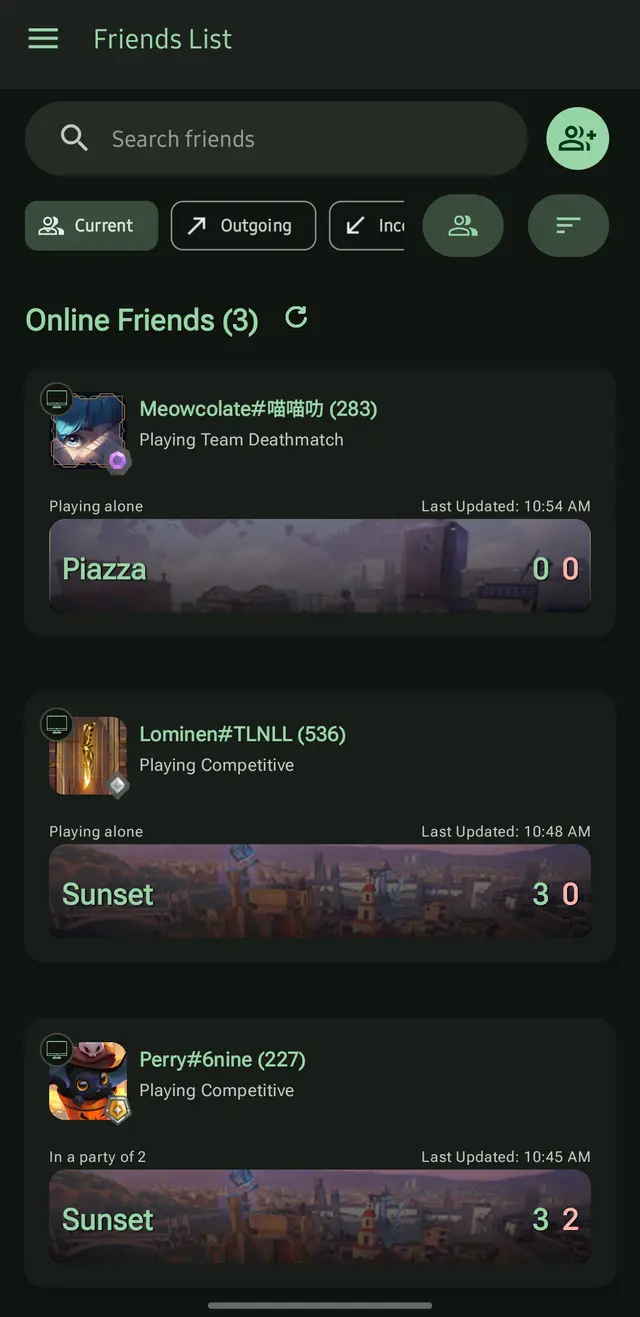 Statics friends list showing live activity