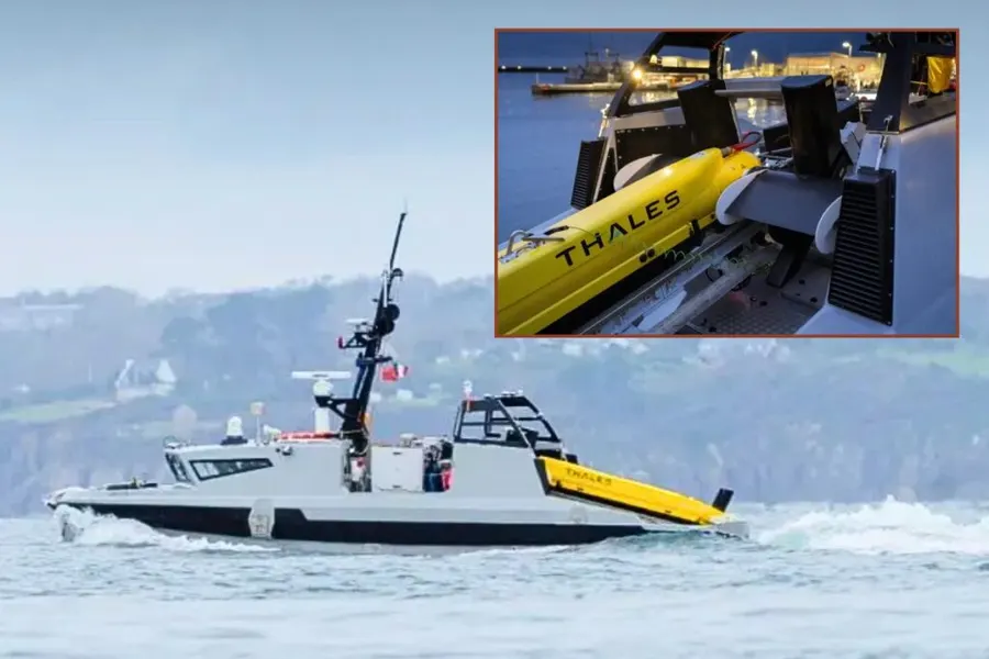 Thales-branded underwater vehicle mounted on an MMCM unmanned surface vessel